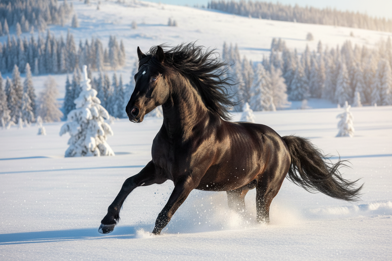 fast running black horse in snow